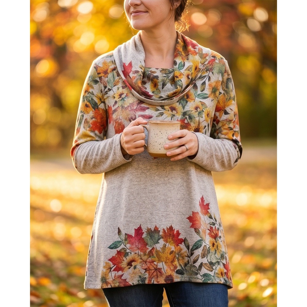 One World XL Neutral Tones  Floral Leaf Cowl Neck Tunic Sweater Fall Autumn